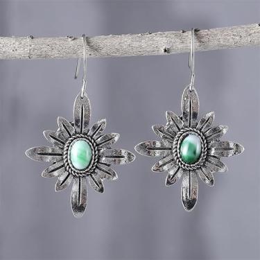 Imagem de Brincos modernos de crisântemo banhados a prata com pingente vintage turquesa para mulheres, joia boêmia exclusiva, presente para festival