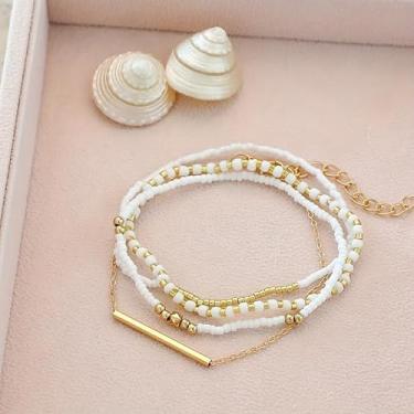 Imagem de Pulseiras retrô empilháveis com contas vintage boêmias feitas à mão pulseiras elásticas verão férias praia joias presentes de festa de aniversário para mulheres, One Size, liga metálica, Sem Pedra