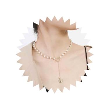 Imagem de Aneneiceera Colar simples com pingente de moeda em Y, colar de pérolas douradas, corrente chique, com contas, colar boêmio, joias, festas, boates, presentes de casamento, para mulheres