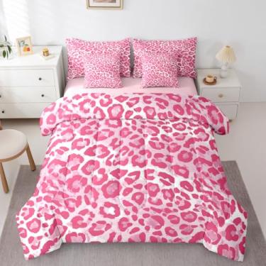 Imagem de Feelyou Jogo de cama Queen com estampa de leopardo rosa, estampa de safári selvagem, 7 peças, guepardo, leopardo, para crianças, adultos, em uma bolsa com edredom, lençóis, fronhas, capas de almofada