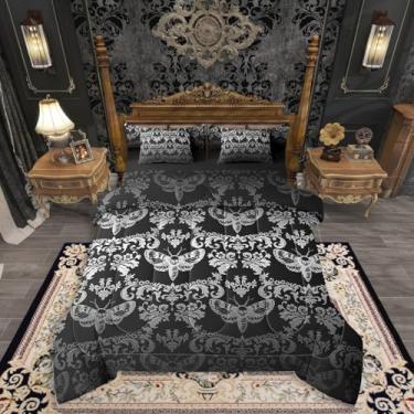 Imagem de Erosebridal Conjunto de edredom gótico casal, 7 peças, preto e cinza, cama gótica em uma bolsa com lençóis, vintage, damasco, boêmio, boêmio, animal, para crianças e adultos, conjunto de cama floral