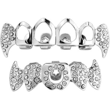 Imagem de YOSZO Vampire Teeth Fang Grillz Aparelhos ocos para dentes afiados banhados a ouro 14K Presas Hip Hop com dentes superiores e inferiores para homens e mulheres (prata), Medium, Pedra preciosa