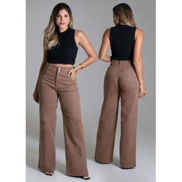 Imagem de Calça Wide Leg Pantalona Original Sawary Jeans Alfaiataria, Marrom, 46