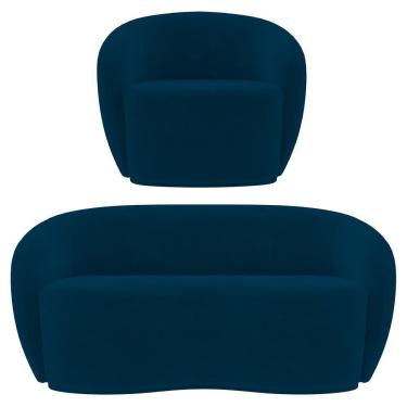Imagem de Sofá 2 Lugares Living 160cm E 1 Poltrona Giratória Garbin K04 Veludo Azul Marinho - Mpozenato