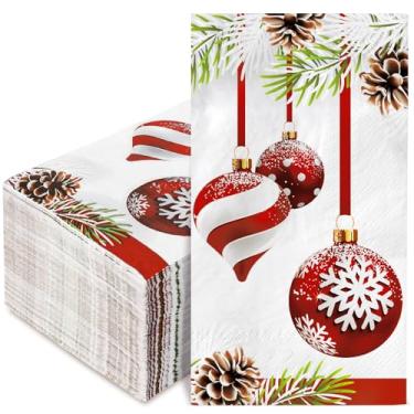 Imagem de Pacote com 100 guardanapos de Natal para convidados de Natal, bola pendurada, padrão de pinho, guardanapos de papel descartáveis para jantar de Natal, guardanapo de mão para casa, cozinha, banheiro