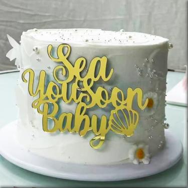 Imagem de Topo de bolo de bebê Sea You Soon, celebrações de aniversário de chá de bebê com tema do mar, suprimentos de festa decorativos de chá de bebê de acrílico dourado para tema náutico/revelação de gênero