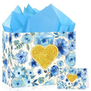Imagem de LUUFILx Saco de presente floral para crianças, mulheres, grande, dourado, brilhante, coração, saco de presente com papel de seda e cartão de papel para aniversários, chás de panela, casamentos