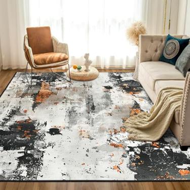 Imagem de 9CH Tapete de área abstrato envelhecido 2,8 x 1,8 m cinza e laranja, boho chique, tapetes de lã sintética macios antiderrapantes para quarto, sala de estar, sala de jantar