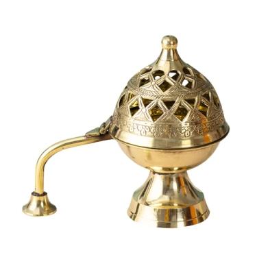 Imagem de Dhoop Dani de latão com alça para Puja | Queimador de incenso tradicional de latão com tampa de cúpula | Suporte decorativo para têmporas, uso doméstico e espiritual | 12 cm
