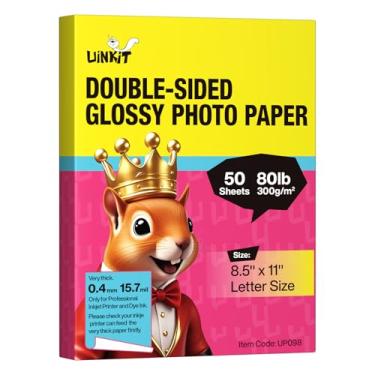 Imagem de Uinkit 50 folhas de papel fotográfico pesado de 21 x 28 cm, tamanho cartolina dupla face, brilhante, 36 kg, 300 g/m2, folheto de 15,7 mil, apenas para impressora a jato de tinta profissional e tinta
