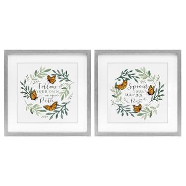 Imagem de Stupell Industries Spread Your Wings and Follow Path 2 peças impressão emoldurada cinza conjunto sob vidro, design por Elizabeth Tyndall, 40,6 x 40,6 cm