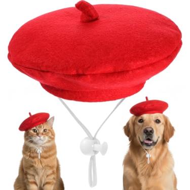 Imagem de Chapéu de boina vermelha para cães e gatos, chapéu de boina de cachorro engraçado ajustável, elegante, gatinho, boinas de lã, chapéus de feltro, bonés, adereços para fotos para animais de estimação