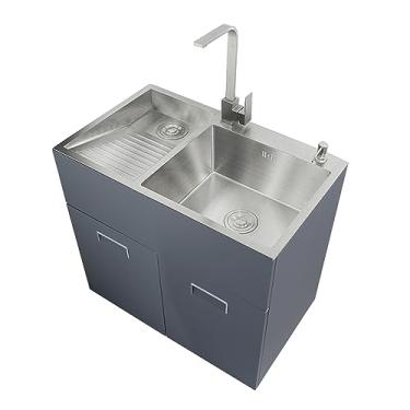 Imagem de TRGCJGH Pia utilitária com armário de penteadeira, lavatório de aço inoxidável com lavatório, piscina de lavanderia para lavanderia (70 x 48 cm/27,5 x 18,8 pol, tábua esquerda)