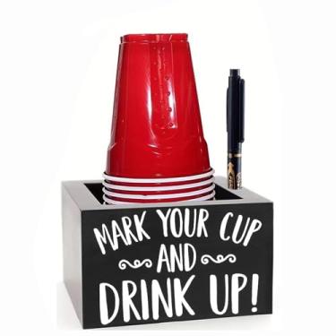 Imagem de Porta-copos de festa de madeira com compartimento para caneta marcadora, organizador de bebidas, suporte de copos para cozinha - madeira maciça, adequado para bares, cozinhas, bancadas, casas e