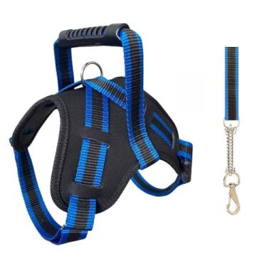 Imagem de Coleira Peitoral Ajustável com Guia para Cães Grandes – Peitoral Resistente com Anti-Puxão para Pitbull Doberman e Raças Fortes (PRETO COM AZUL,M)