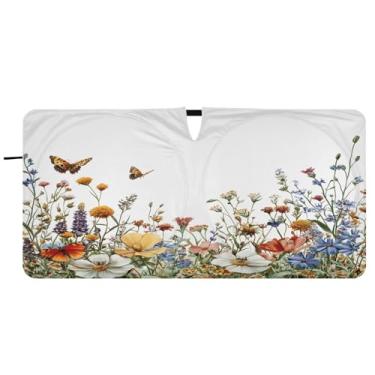 Imagem de Blueangle Guarda-sol floral para para-brisas de ervas e flores silvestres - 157,5 cm x 81,3 cm dobrável para janela dianteira do carro blocos de para-sol raios UV viseira de sol (357)