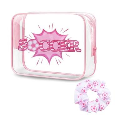 Imagem de Ancnoz Presentes de futebol rosa para meninas, treinadoras, bolsa de maquiagem de cosméticos de futebol rosa com elásticos de cabelo esportivos, rosa