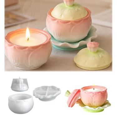 Imagem de MUAECH Conjunto de 3 moldes de silicone para pote de flor de lótus e bandeja de folhas com tampa, moldes de resina epóxi para fabricação de velas, moldes de concreto para caixa de joias faça você