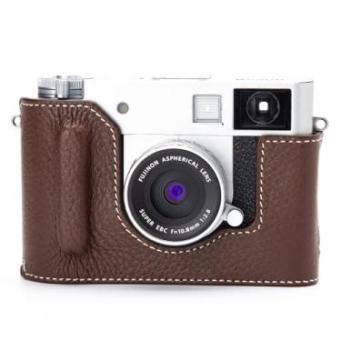 Imagem de Capa de câmera vintage de couro legítimo, protetor de câmera de couro genuíno Half-Wrap para FUJIFILM X Half (linha branca mocha)
