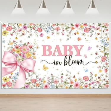 Imagem de Mocsicka Faixa de fundo Baby in Bloom para chá de bebê para meninas, laço rosa, decoração de fundo de festa de chá de bebê, borboleta de flores silvestres, dourado, glitter, faixa fotográfica (1,8 x