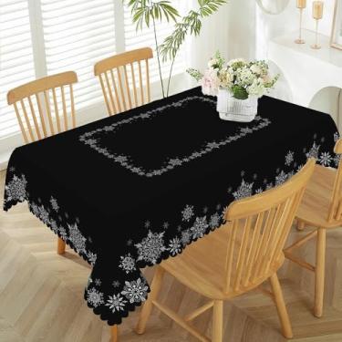 Imagem de TTQYFNM Toalha de mesa decorativa de flocos de neve preta e branca de 152 x 213 cm, toalha de mesa de tecido lavável e reutilizável para cozinha, jantar, inverno, férias, Natal, Ano Novo, decoração de