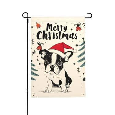 Imagem de Bandeira de jardim de Natal Boston Terrier cão dupla face vertical sazonal inverno exterior quintal decorações de gramado 12,5 x 18 polegadas