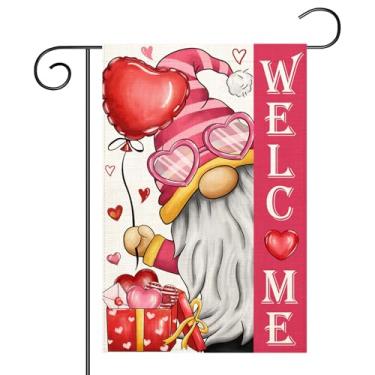 Imagem de Bandeira de jardim de gnomo para dia dos namorados, 30,5 x 45,7 cm, dupla face, vertical, exterior, coração, amor, coração, vermelho, férias, jardim, gramado, decoração ao ar livre (bandeira de jardim