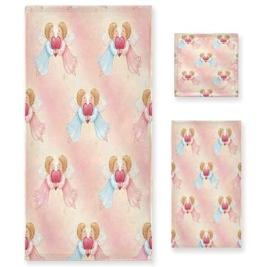 Imagem de Wassud Conjunto de 3 toalhas de banho com corações de anjo dos namorados, toalhas supermacias e absorventes para banheiro, toalhas de banho de secagem rápida, toalha de banho para academia, spa, hotel