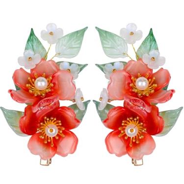 Imagem de Um par de grampos de cabelo de casamento, presilhas de cabelo de cristal com design floral feito à mão, clipes de flores de strass, acessórios de cabelo para mulheres e meninas (vermelho)