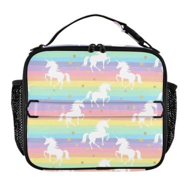 Imagem de Joisal Lancheira listrada arco-íris pastel unicórnio para mulheres meninas lancheira masculina lancheira para trabalho linda rosa bolsa térmica transportadora de alimentos para meninos