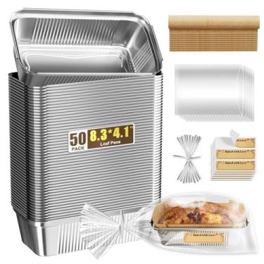 Imagem de Pacote com 50 formas de pão de alumínio de 1,1 kg, sacos de celofane/laços torcidos/adesivos e folhas de papel manteiga, 21,6 cm x 12 cm x 5,6 cm, formas de pão descartáveis de alumínio premium -