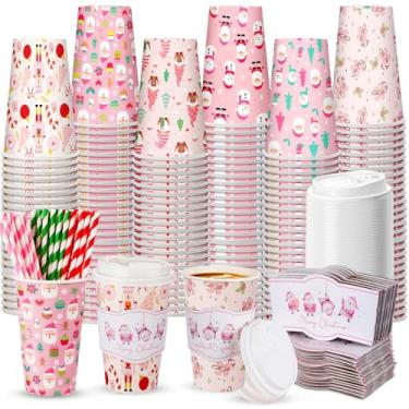 Imagem de Jingmore 48 conjuntos de copos de café de papel descartáveis de 473 ml com tampas, mangas, canudos, copos de papel natalino, para bebidas quentes e frias, casa, negócios, café, artigos de festa de