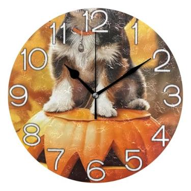 Imagem de GAIGEO Relógio de parede analógico decorativo operado por bateria relógio de cozinha rústico, decoração de parede art déco retrô moderno, cachorro fofo, animal de Halloween, 25 cm, ponteiros dourados