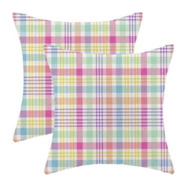 Imagem de AEIOAE Capas de almofada xadrez de Páscoa 50 x 50 cm conjunto de 2 fronhas xadrez búfalo rosa amarelo azul verde buffalo, capas de almofada coloridas decorativas de primavera para sofá cama e sofá
