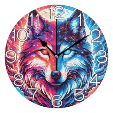 Imagem de GAIGEO Lobo colorido brilhante relógio de parede analógico decorativo escritório cozinha relógio estético silencioso sem tique-taque, decoração de sala de estar, arte moderna, 25 cm, ponteiros