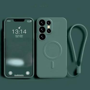 Imagem de Capa de silicone líquido com pulseira para Samsung Galaxy S25 Edge S24 Ultra S23 FE S22 S21, capa magnética para carregamento sem fio, verde escuro, para S23