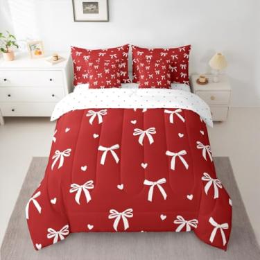 Imagem de jejeloiu Jogo de edredom fofo com laço e laço de 7 peças, King, para crianças, meninos, meninas, vermelho, branco, em uma bolsa, decoração de quarto de coração, microfibra leve e macia
