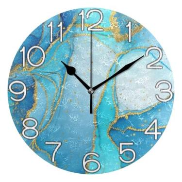 Imagem de Relógio de parede analógico decorativo redondo sem tique-taque silencioso relógio de cozinha de escritório, decoração de parede de casa de fazenda moderna, impressão dourada azul arte, 25 cm