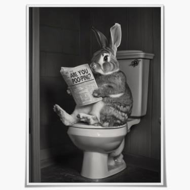 Imagem de Arte de parede em tela de banheiro de coelho engraçado pintura de coelho fofo decoração de parede preto e branco animal banheiro pôster impressão arte para casa de fazenda decoração de banheiro 20 x