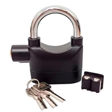 Imagem de Cadeado com Alarme Sonoro 112dB, Aço, Preto, 10cm x 7cm x 3cm, com Sirene Anti-Furto, Inclui 3 Chaves e Baterias