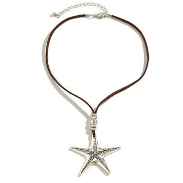 Imagem de Colar boêmio feminino de couro marrom com concha prateada vintage/estrela do mar/concha do mar/pingente de pérola, feito à mão, praia, férias, concerto, declaração, vaqueira, boêmio, colar, One Size