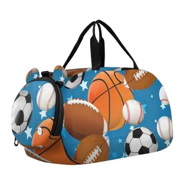 Imagem de Golden Deer Fir Trees Bolsa de mão branca para meninos e meninas de fim de semana com alça de ombro, Bolas de basquete esportivas, futebol azul, Clássico