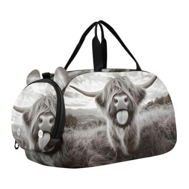 Imagem de Bolsa de viagem para meninos, bolsa de viagem para meninas, bolsa de viagem para academia, mochila infantil, vaca monocromática Highland, Clássico