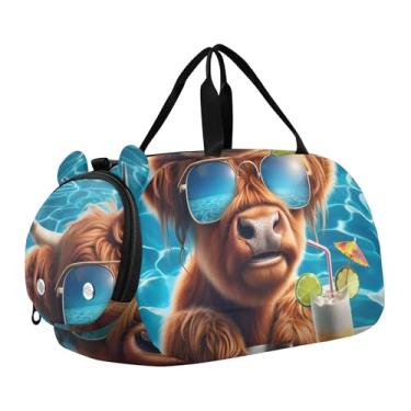 Imagem de Bolsa esportiva para meninos e crianças pequenas, bolsas de viagem para meninas, academia, bagagem infantil, arte pop, vaca highland, nadador highland cow, Clássico