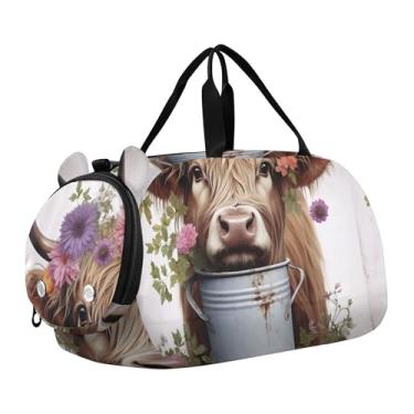 Imagem de Bolsa esportiva para meninos de fim de semana com folhas de sapo e meninas para viagens com compartimento de sapatos, Vaca e flores Highlands 1, Clássico