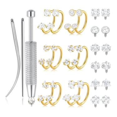 Imagem de Wrlcorly Anéis de nariz em ferradura para mulheres, brinco de meia argola, zircônia cúbica, ferradura, tragus, hélice, brinco de septo, labret, piercing labial, joia 18G, 8 mm, banhado a ouro e prata