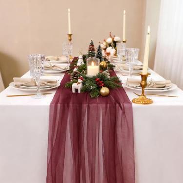 Imagem de Snowkingdom Caminho de mesa de ação de graças vermelho bordô, tecido de gaze de tule transparente de 3 m, decoração de mesa boho elegante para festa em casa, casamento, aniversário, chá de bebê, Natal