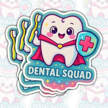 Imagem de Adesivo de esquadrão dentário 3 peças, decalque de vinil de dente fofo com escova de dentes e escudo, presente engraçado de agradecimento ao dentista, adesivo de garrafa de água para laptop higienista