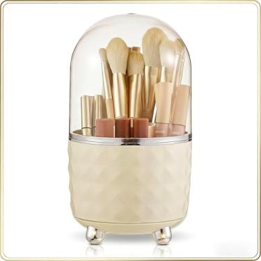 Imagem de ylnurac Organizador de pincéis de maquiagem branco, organizador de pincéis de maquiagem giratório de 360°, copo de pincéis de maquiagem com 5 compartimentos para cosméticos, esmalte de unha, material
