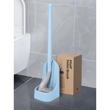 Imagem de Conjunto de escova e suporte de vaso sanitário de silicone, design de cabeça de golfe, cabeça de escova de vaso sanitário flexível com silicone, alça longa, montada na parede com base antivazamento